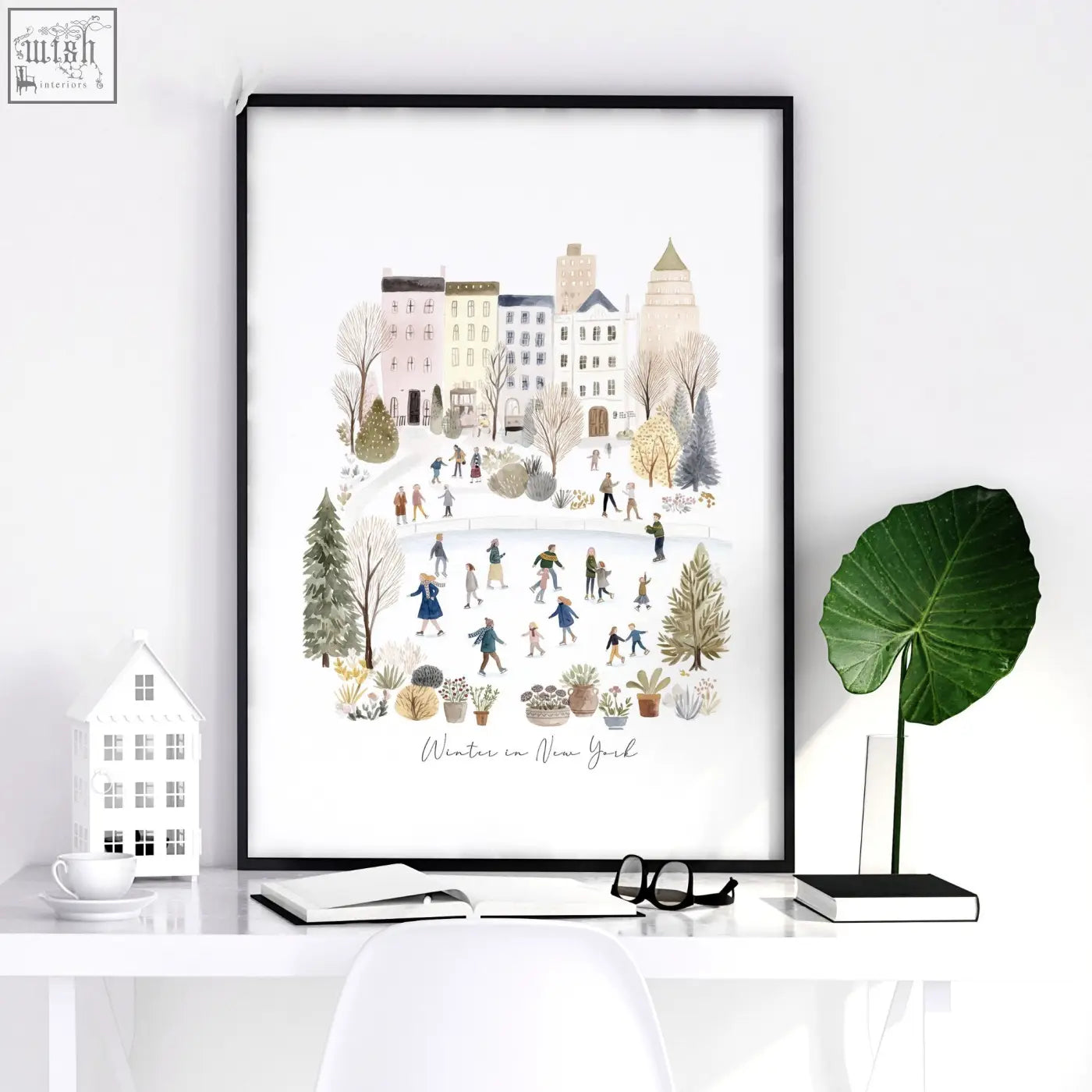 Black framed winter in new york illustration print with ice skating scene in soft beige pastel tones for living room wall decor