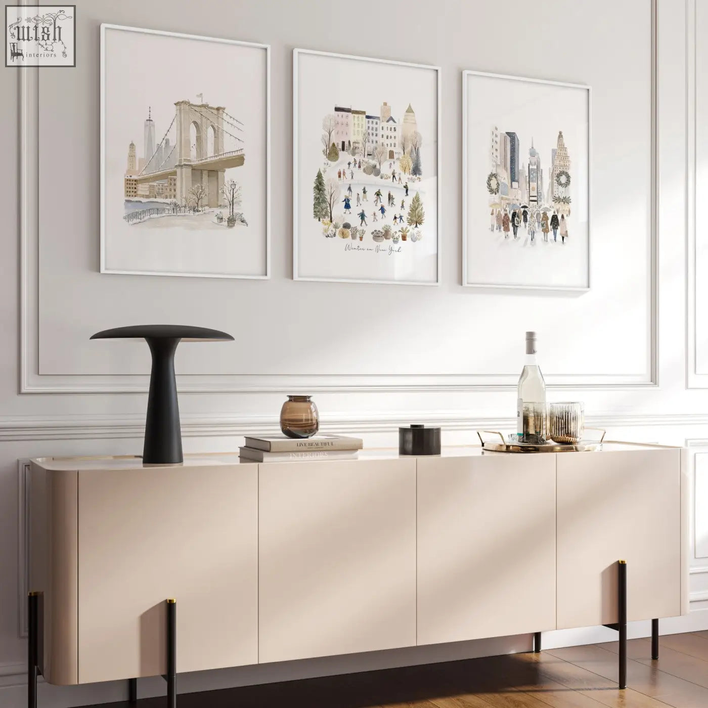 Beige modern sideboard with sleek minimalist design and slender black legs perfect for living room wall decor ideas