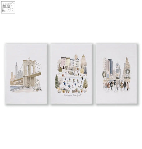 Set of 3 beige pastel watercolor canvas prints featuring winter nyc scenes ideal for living room wall decor ideas