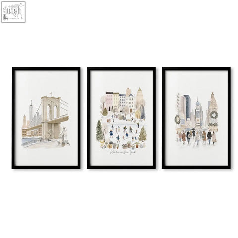 Set of three black-framed beige pastel winter in new york watercolor prints perfect for living room wall decor ideas