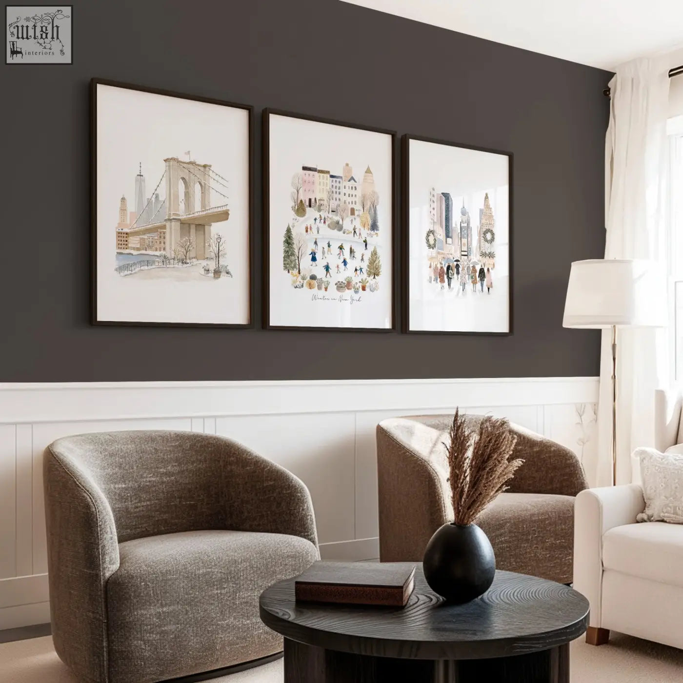 Black ceramic vase with dried pampas grass as stylish wall decor for living room ideas with winter in new york art prints