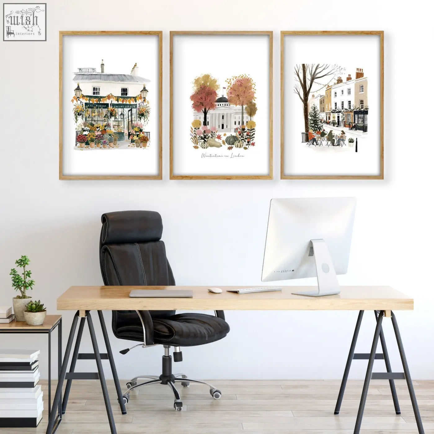 Set of three framed london travel art prints in light wood frames with white matting perfect for wall decor office