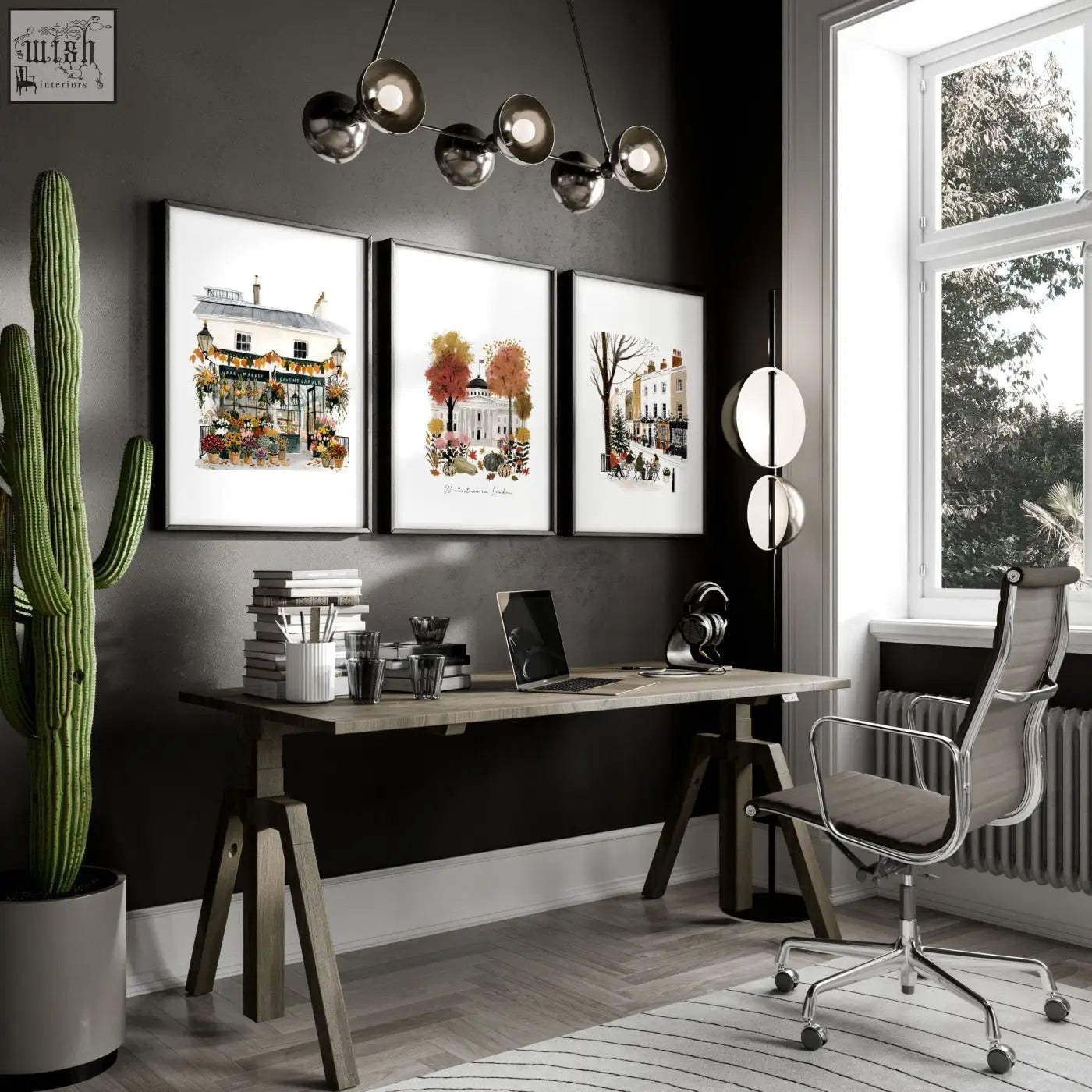 Three framed white watercolor art prints showing london winter scenes perfect for wall decor office space