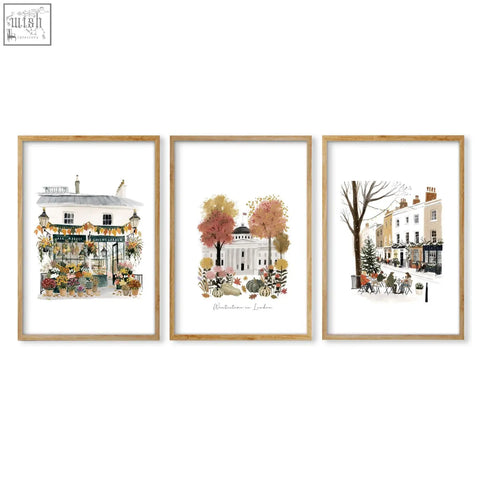Set of three framed london travel art prints in soft autumnal tones perfect for wall decor office or wall art