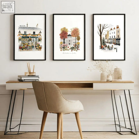 Three framed london travel art prints with black frames and white mats perfect for wall decor office or wall art