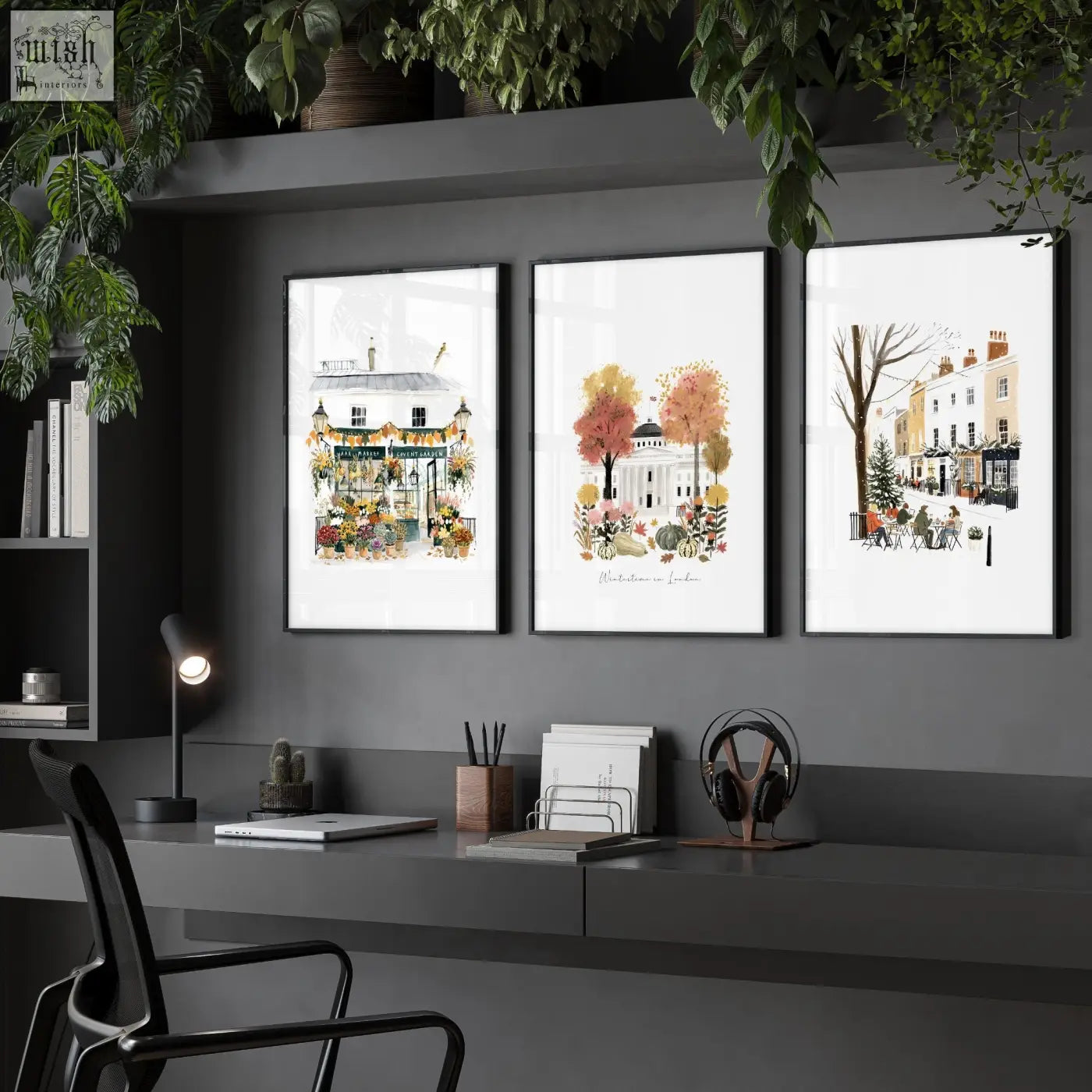 Three framed watercolor london travel art prints with minimalist black frames perfect for wall decor office or wall art