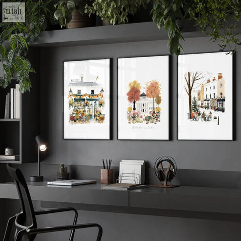 Three framed watercolor london travel art prints with minimalist black frames perfect for wall decor office or wall art