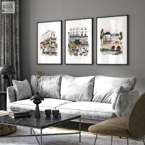Gray velvet sofa with plush cushions and modern minimalist design paired with london in bloom wall decoration living room set