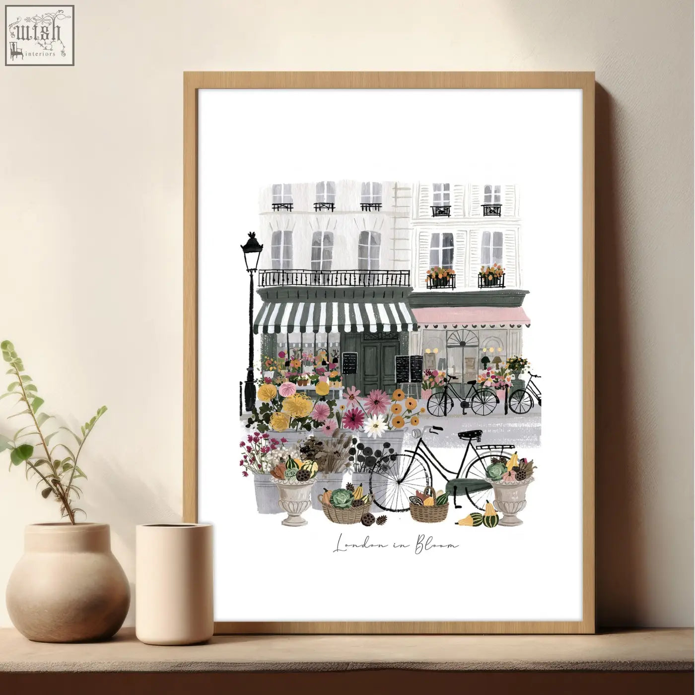 A framed london in bloom print with parisian street flowers and bikes perfect for living room wall decoration living