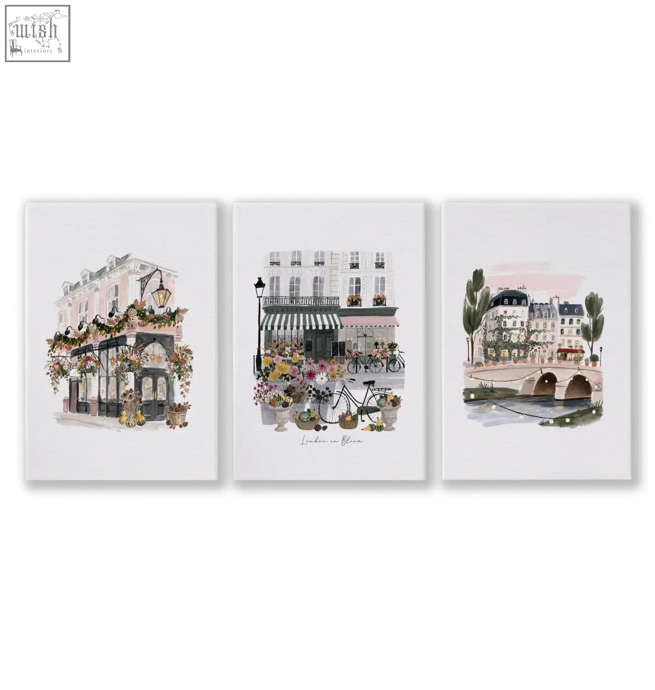 Set of three watercolor canvas prints with pastel european street scenes perfect for living room wall decoration living