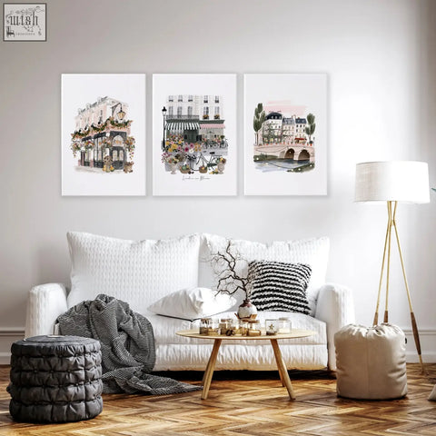 White textured sofa with black and white striped pillow in living room featuring london in bloom wall decoration living set of 3