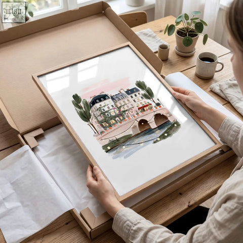 A framed watercolor parisian street scene with buildings and bridge wall decoration living room art print