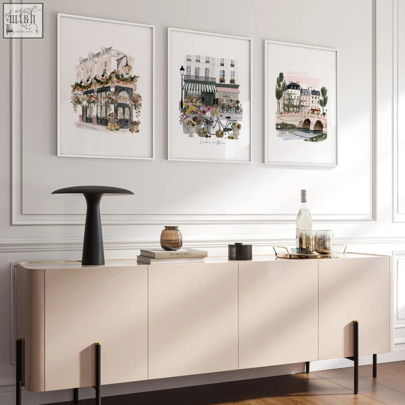 Cream-colored sideboard with sleek minimalist design and black legs paired with london in bloom living room wall decoration