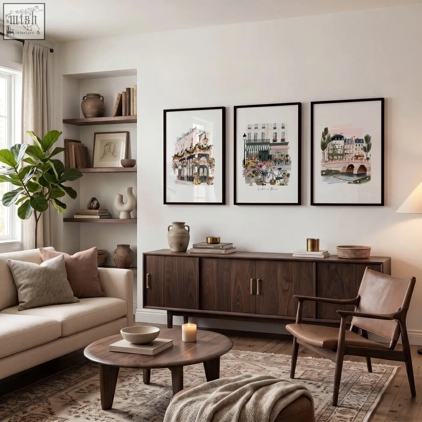 Three framed parisian illustrations hang above a dark wood sideboard as wall decoration living room art prints set