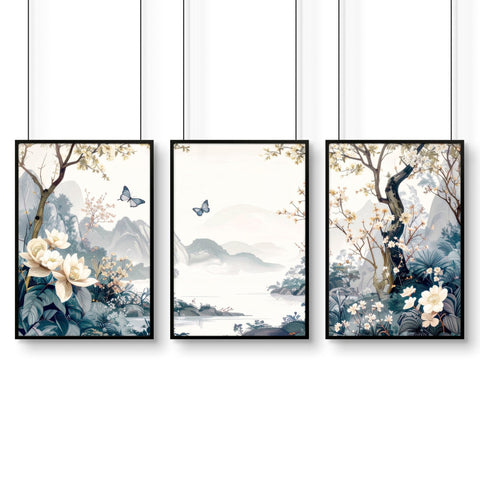 Wall Framed Art | Set of 3 Chinoiserie Wall art Prints