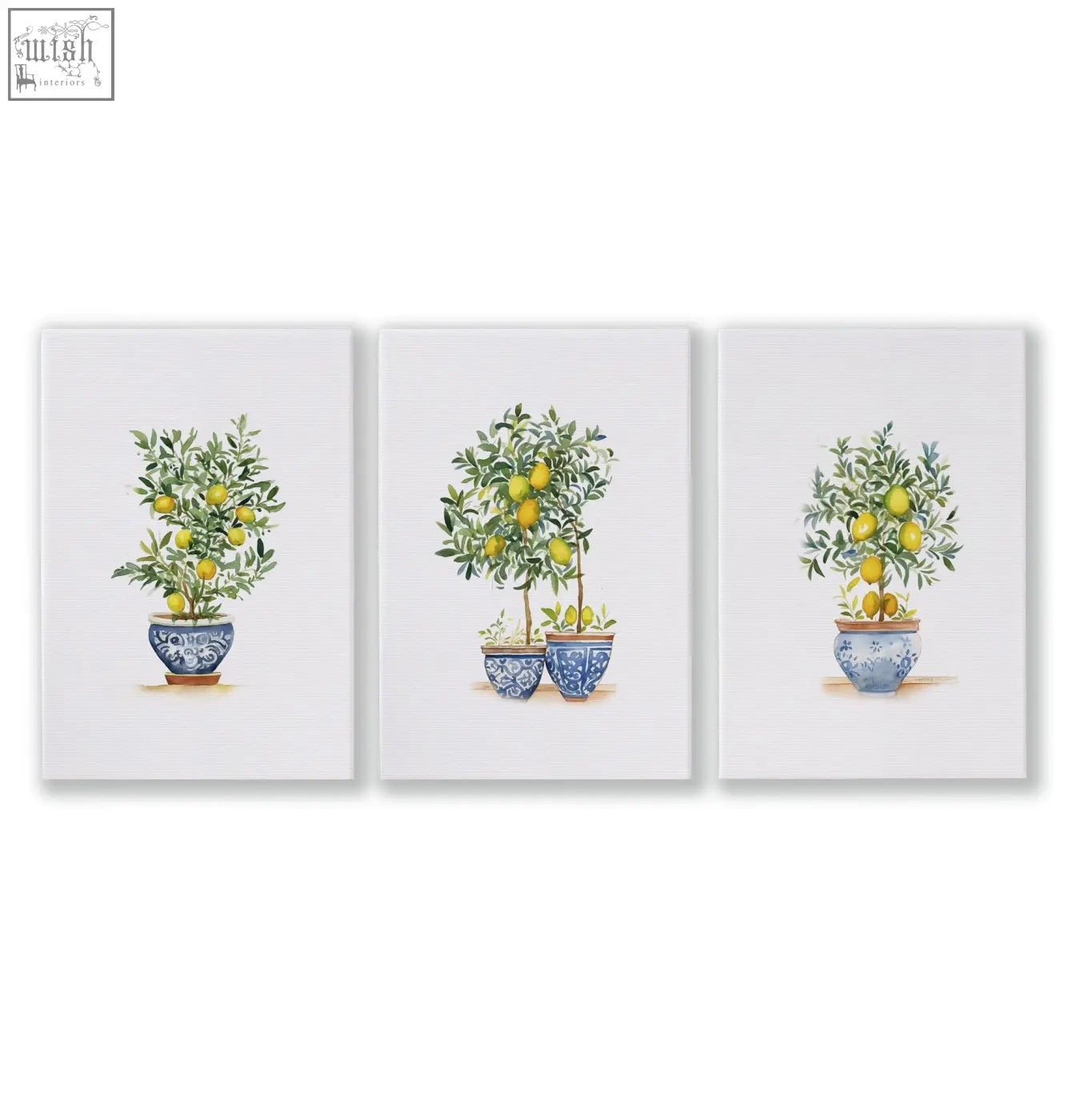 Set of three framed canvas art prints with lemon tree illustrations in blue and white pots perfect for living room decor