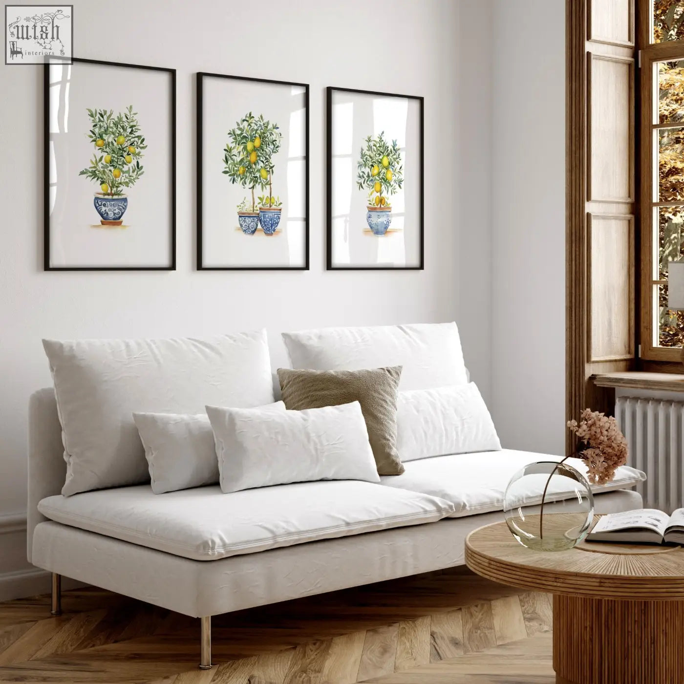 Three framed art prints of lemon tree potted in blue and white ceramic pots perfect for living room wall hanging