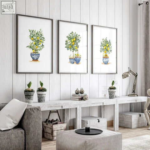 Three framed lemon tree art prints in blue and white ceramic pots on a light gray wall for living room decor