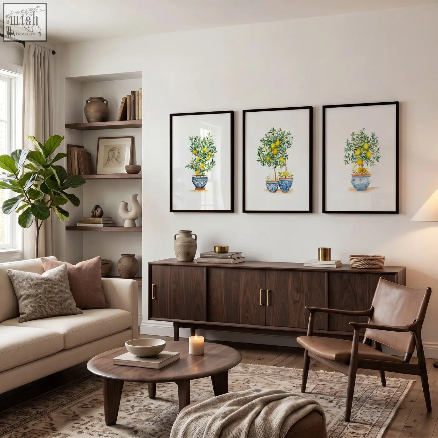 Three framed lemon tree art prints in blue pots arranged symmetrically for living room wall hanging decor