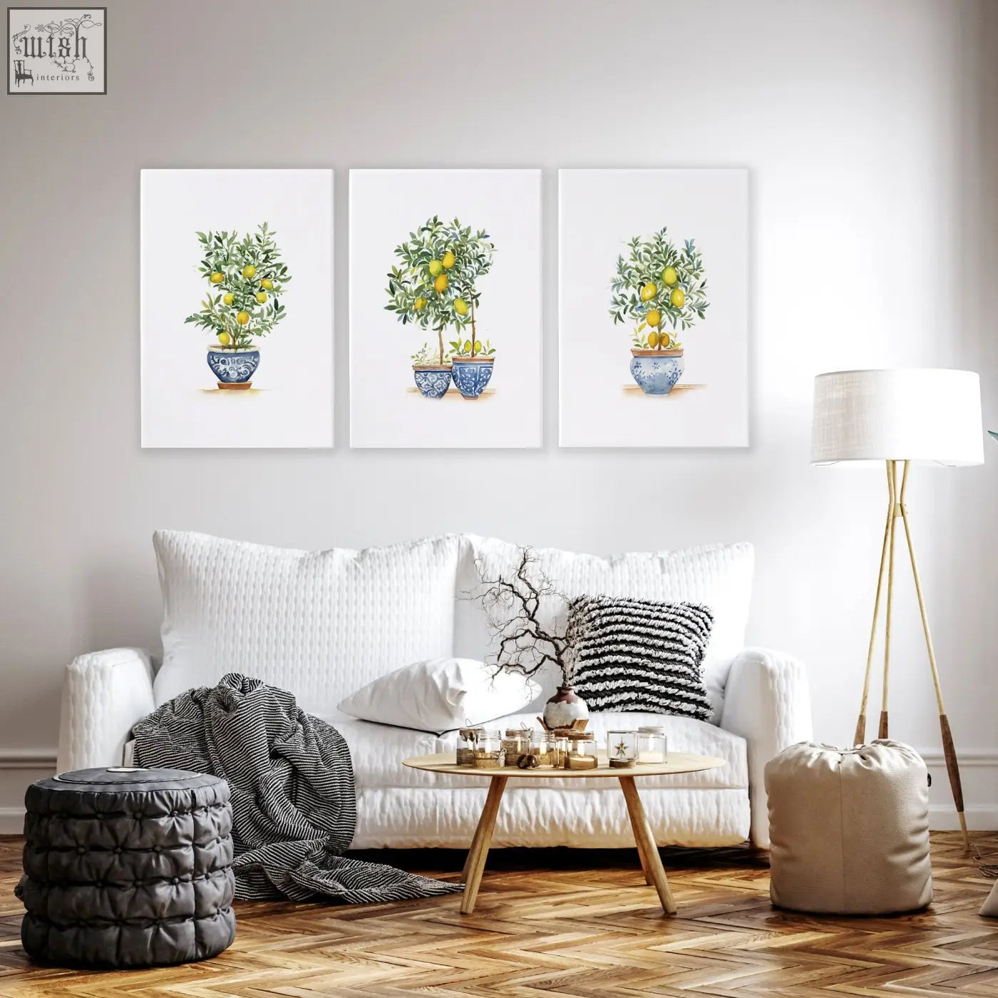 Set of three framed lemon tree art prints in blue and white ceramic pots perfect for living room wall hanging