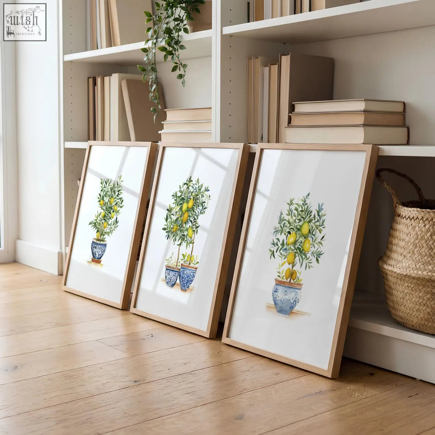 Three framed lemon tree art prints in blue ceramic pots with light wood frames perfect for living room wall hanging