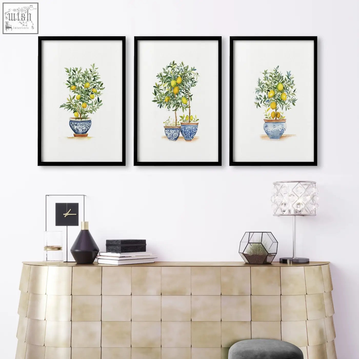 Set of three black-framed living room art prints featuring lemon tree watercolor in blue and white ceramic pots