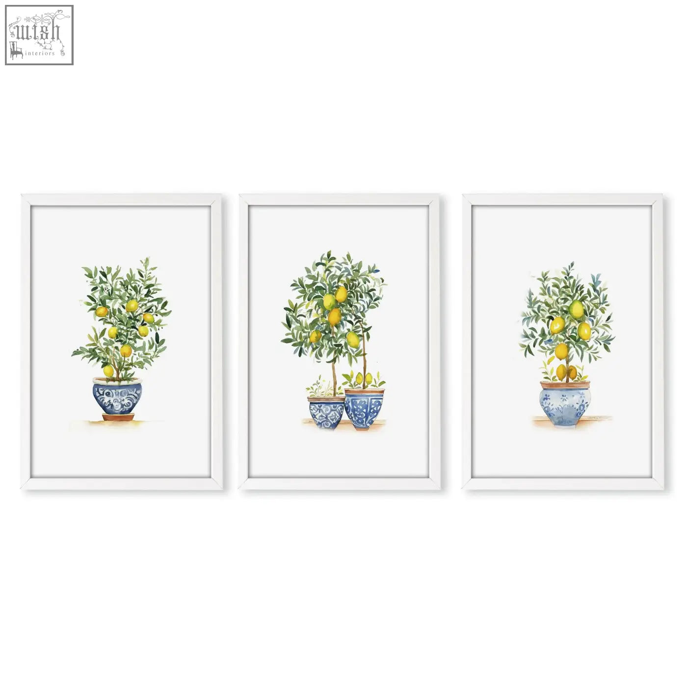 Set of three framed art prints featuring lemon tree in blue and white ceramic pots for living room wall hanging