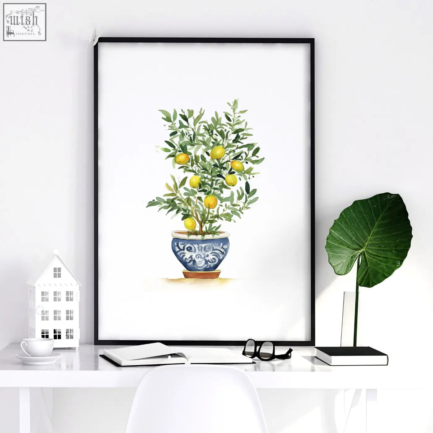 Blue and white patterned ceramic pot holding an illustrated lemon tree for living room art prints set of 3