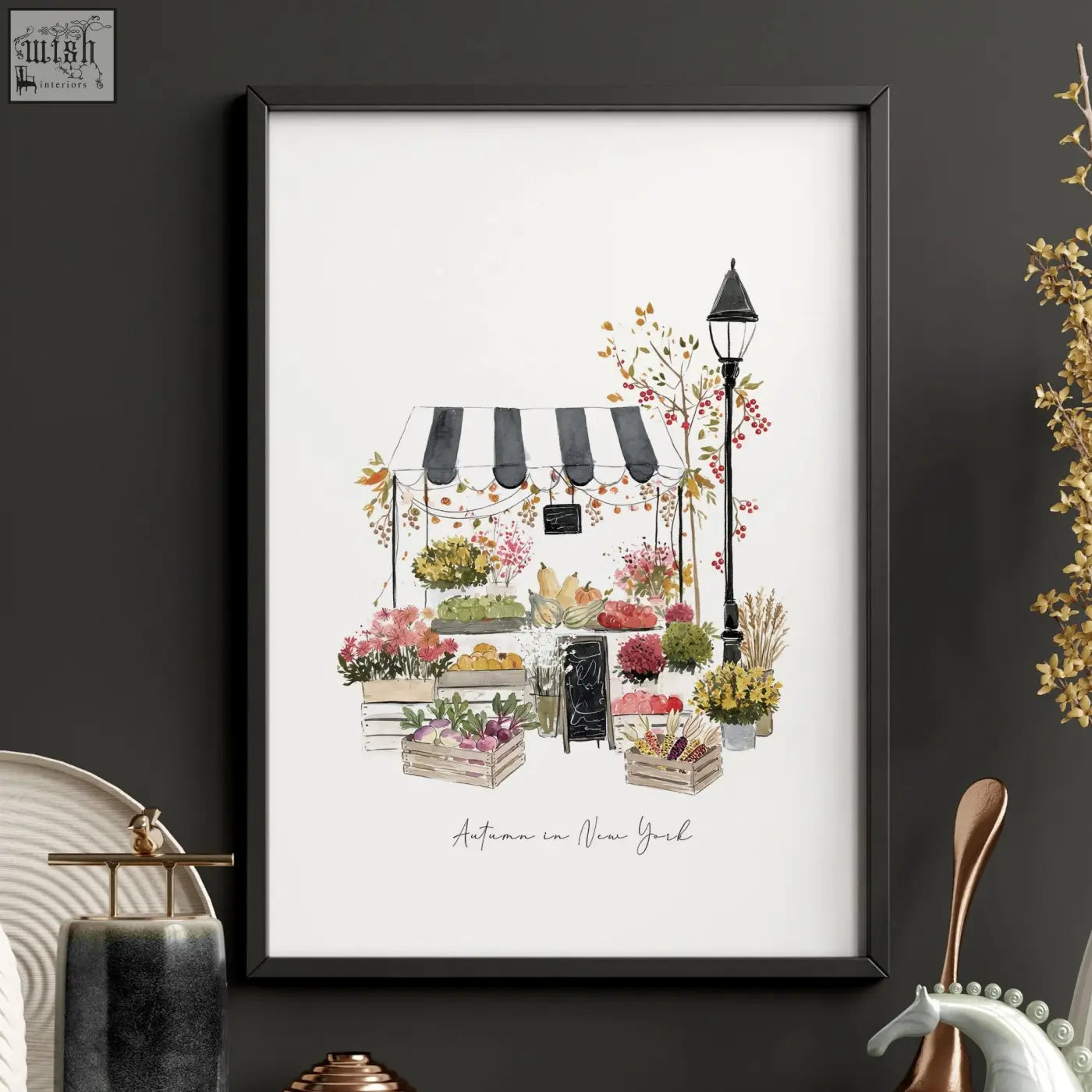 Black framed art prints showing a vibrant autumn market stall with striped awning and colorful flowers for kitchen wall hangings