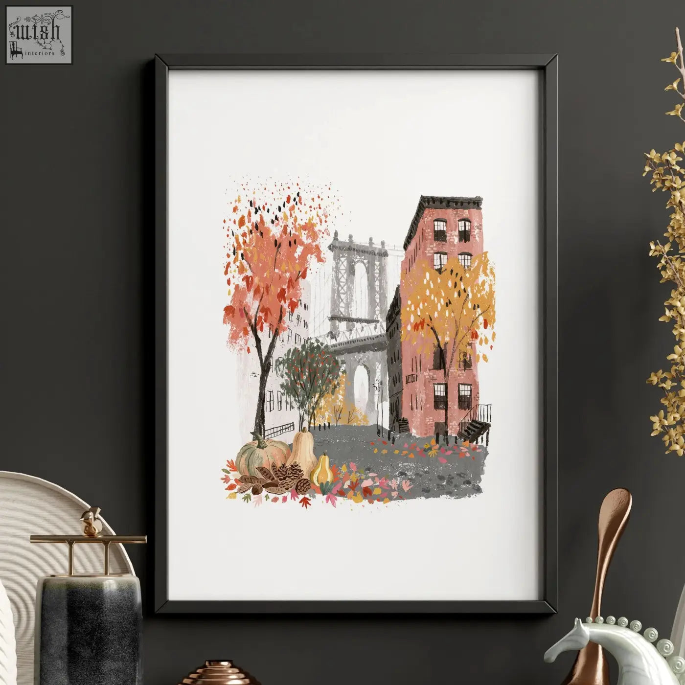 A framed black wall hanging art print of brooklyn bridge with autumn trees and pumpkins perfect travel art print for kitchen