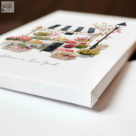 White canvas wall hanging with autumn market watercolor and striped awning travel art print for kitchen decor
