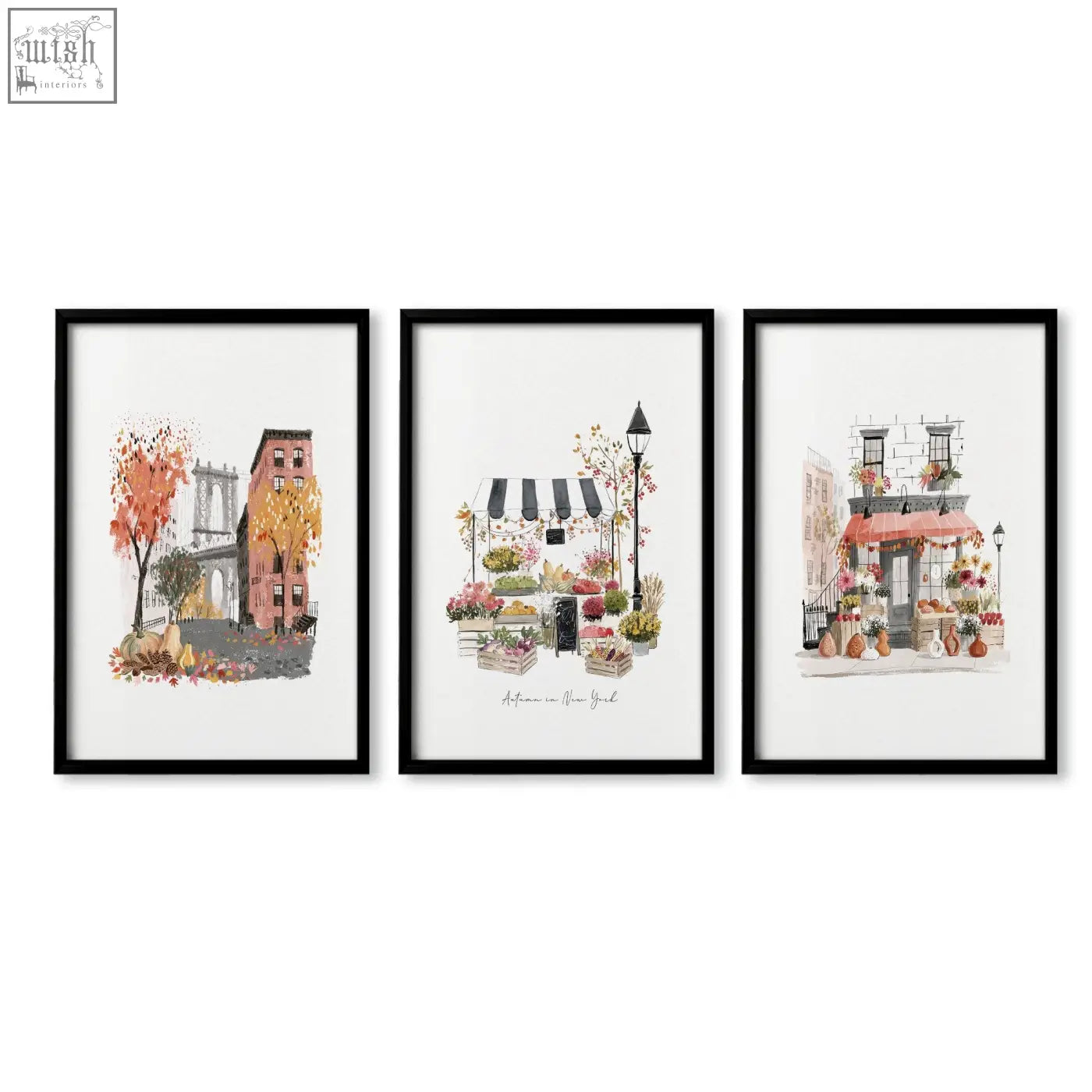 Set of three black-framed autumn in new york travel art prints perfect wall hangings for the kitchen