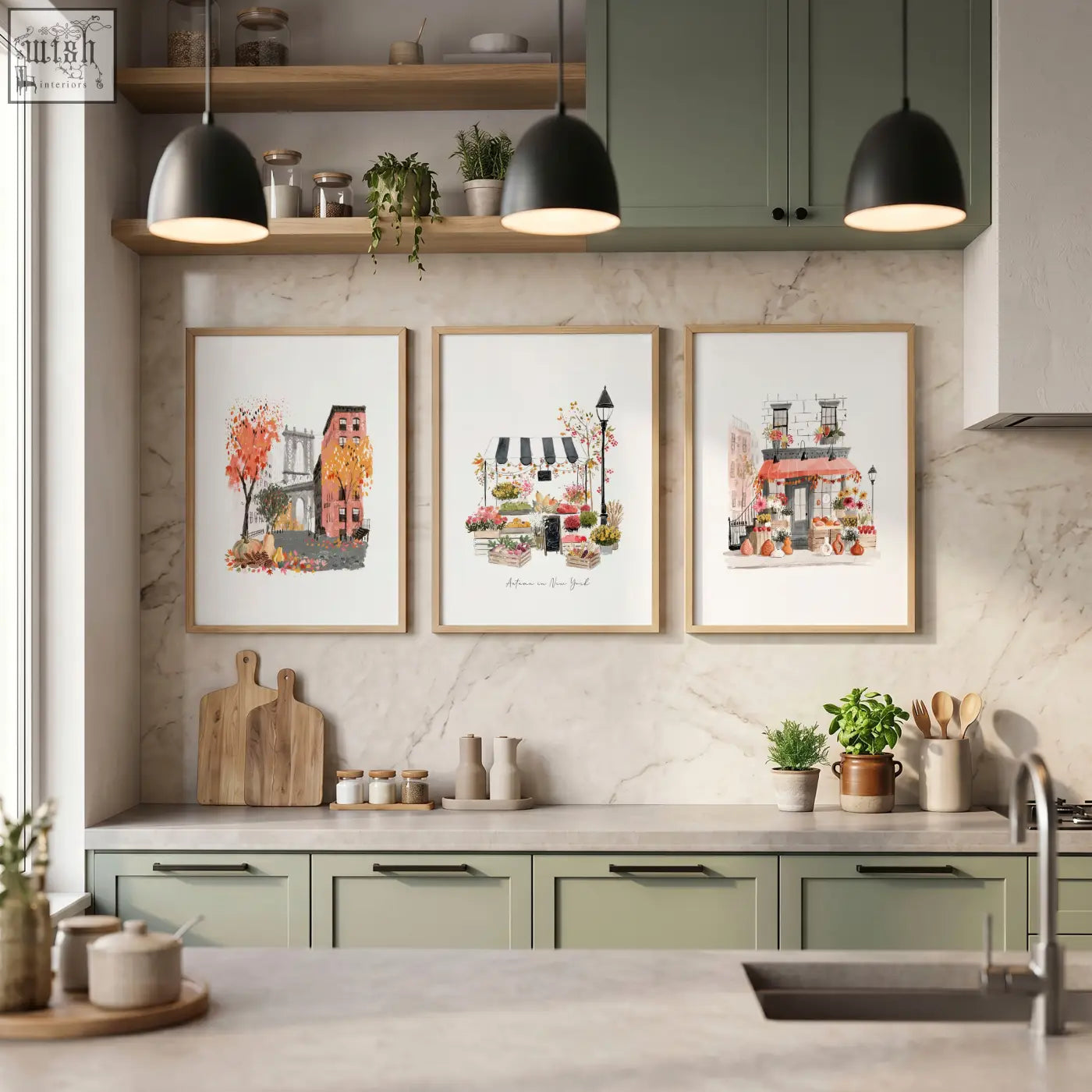 Three framed autumn in new york travel art prints hang as charming wall hangings above a kitchen counter