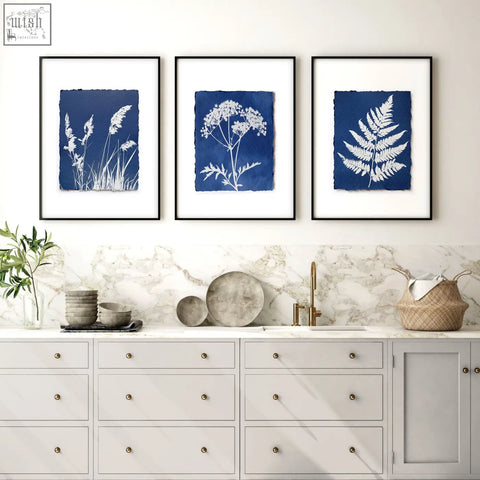 Three framed cyanotype botanical wall paintings with white plant silhouettes on deep blue paper for country cottage decor
