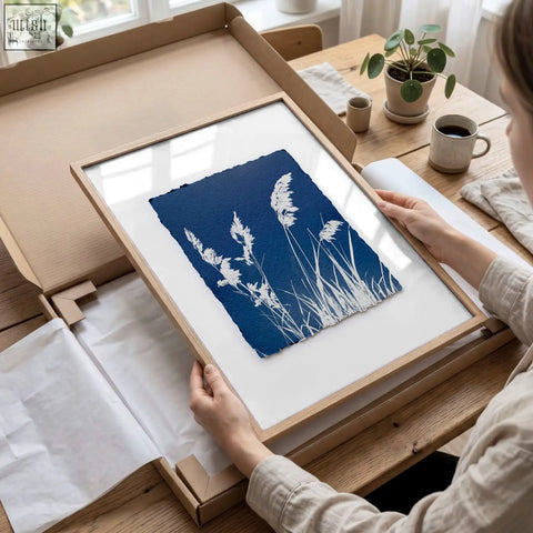 A framed cyanotype botanical wall painting of white grasses on deep blue paper in a light wood frame perfect for country cottage kitchens