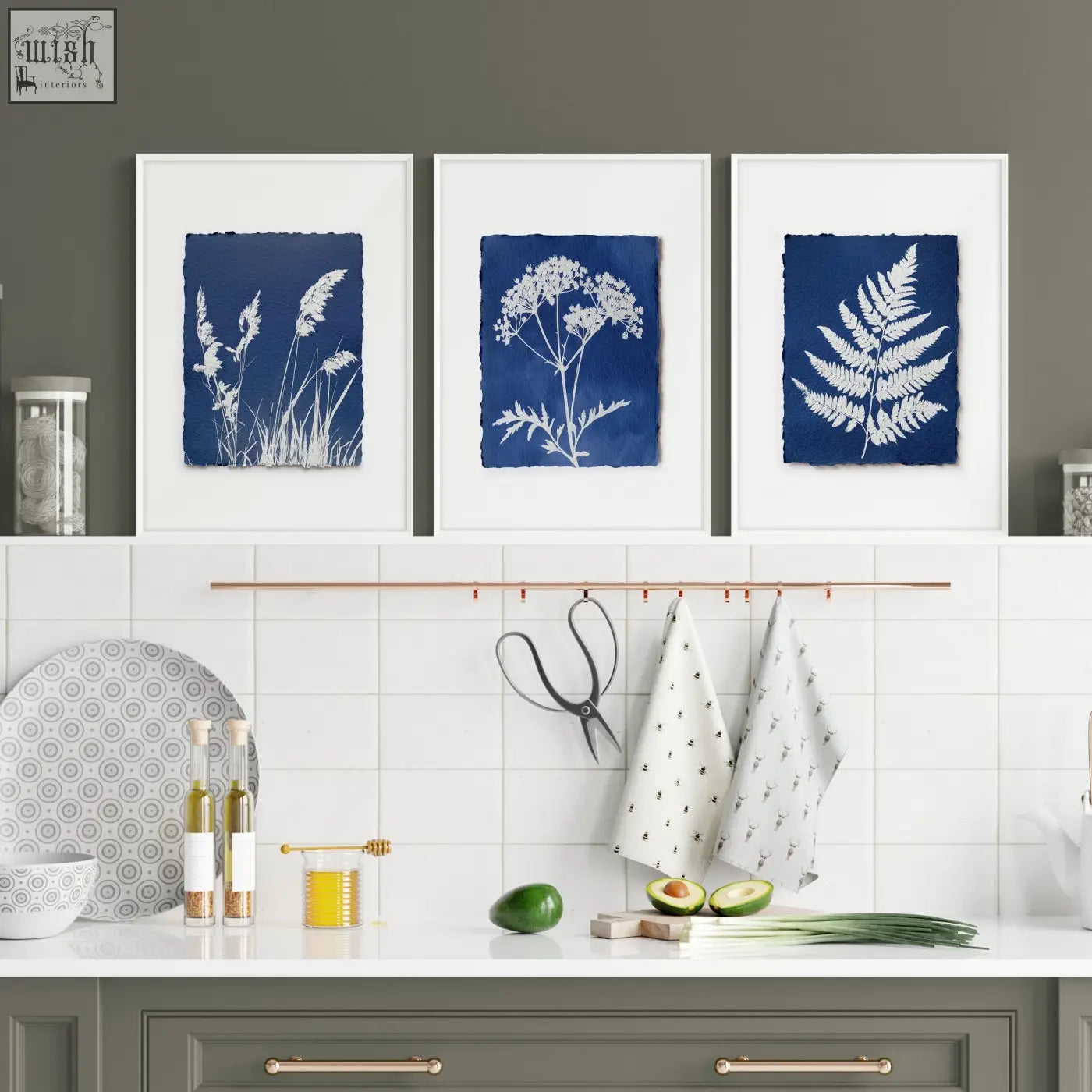 Three framed wall paintings with white cyanotype botanical prints on deep indigo paper perfect for country cottage decor
