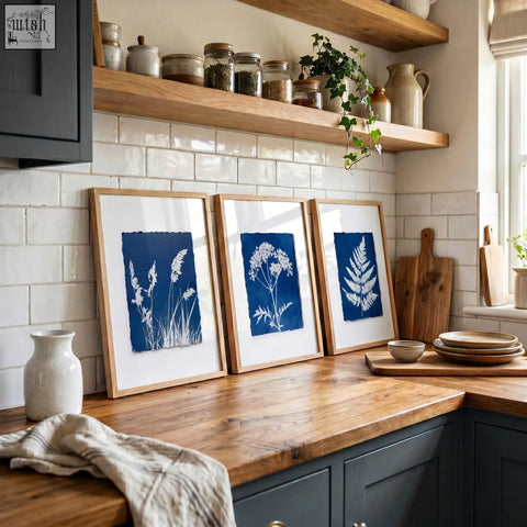 Three framed wall paintings of cyanotype botanical prints on deep indigo paper perfect for country cottage style