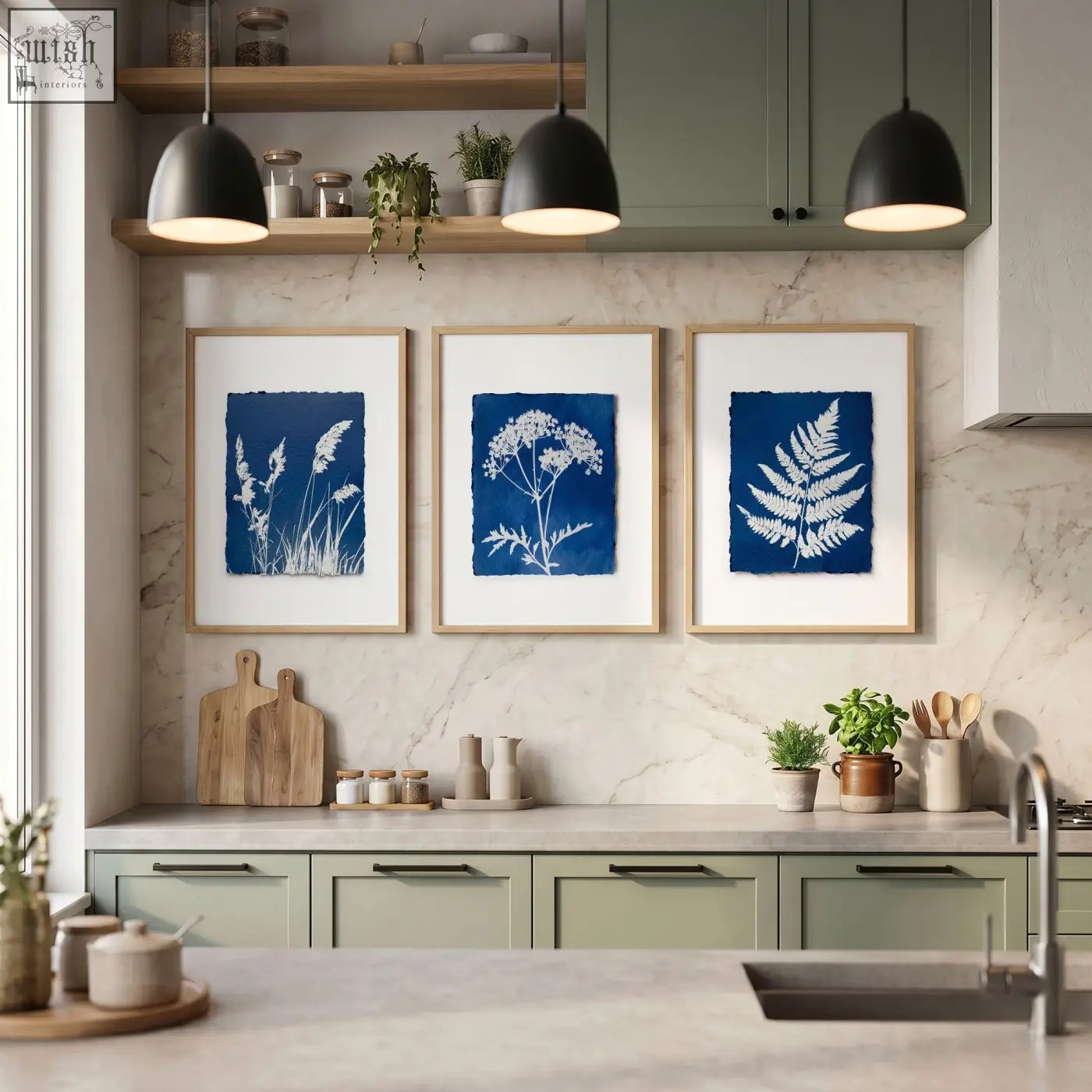 Three framed wall paintings of indigo cyanotype botanical prints in light wood frames perfect for a country cottage kitchen