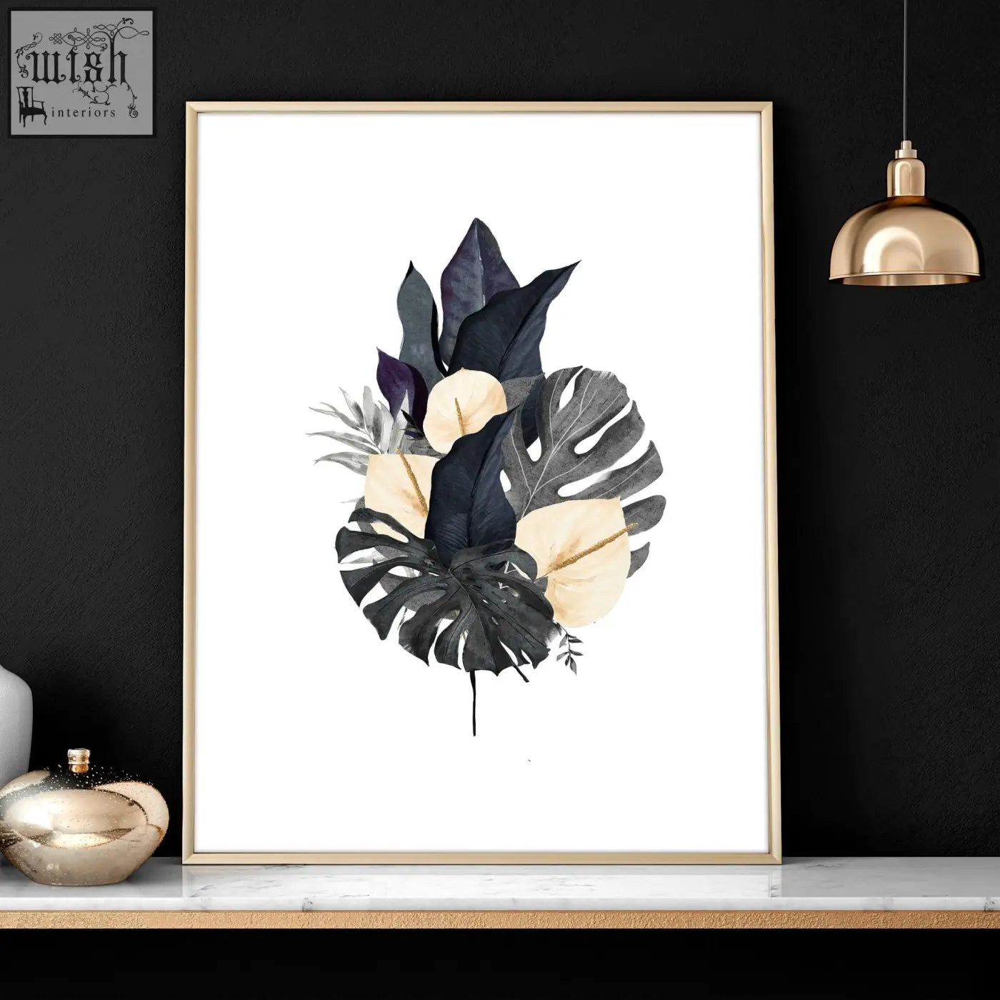 A set of 3 framed wall art prints featuring dark green tropical leaves and pink flowers in slender gold frames for bedroom wall pictures
