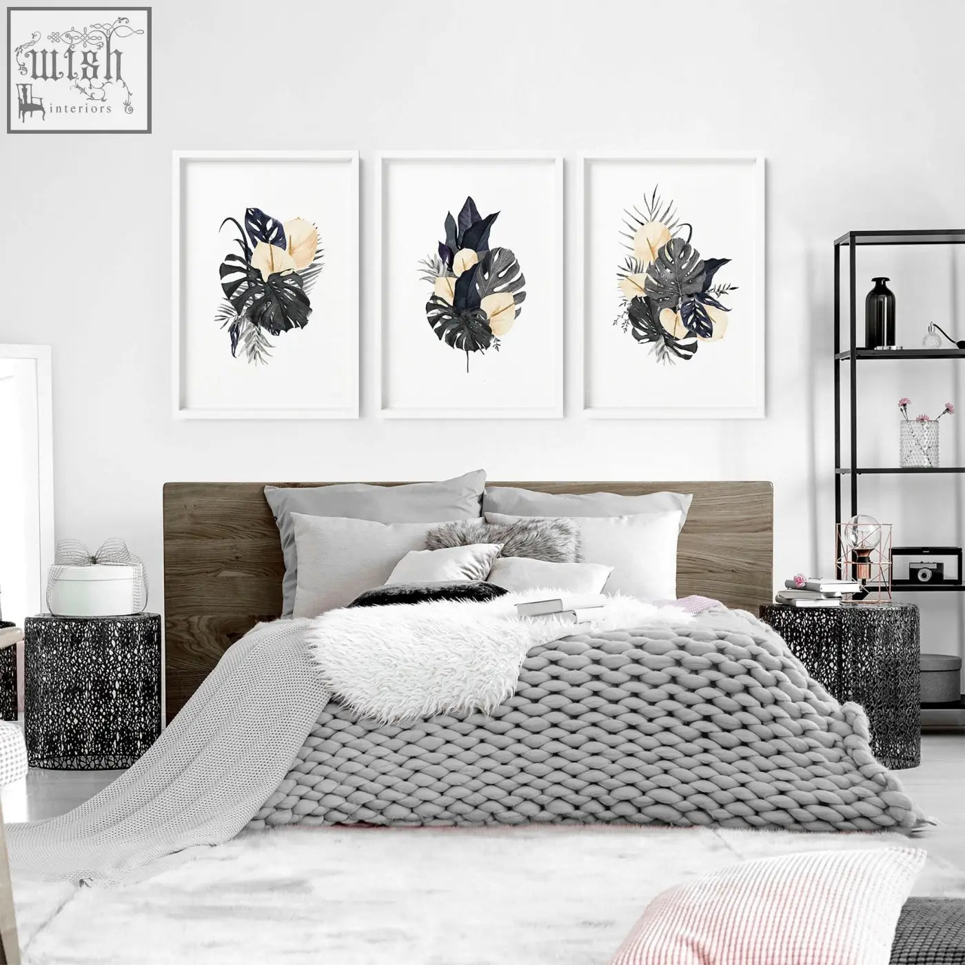 Set of 3 framed wall art prints with black and cream tropical leaves as wall pictures for bedroom decor