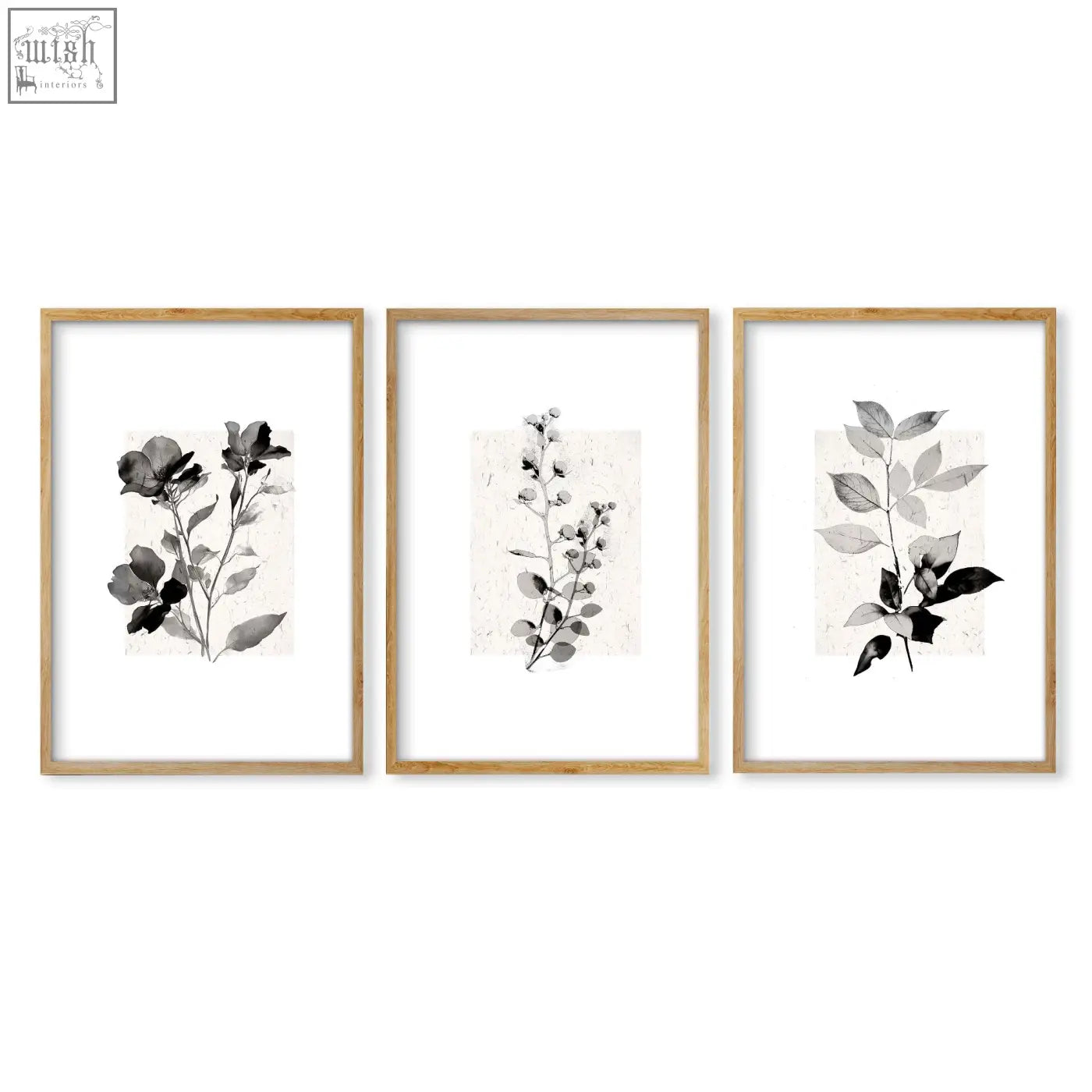 Set of three french country wall pictures with minimalist black and gray botanical art prints in light wood frames