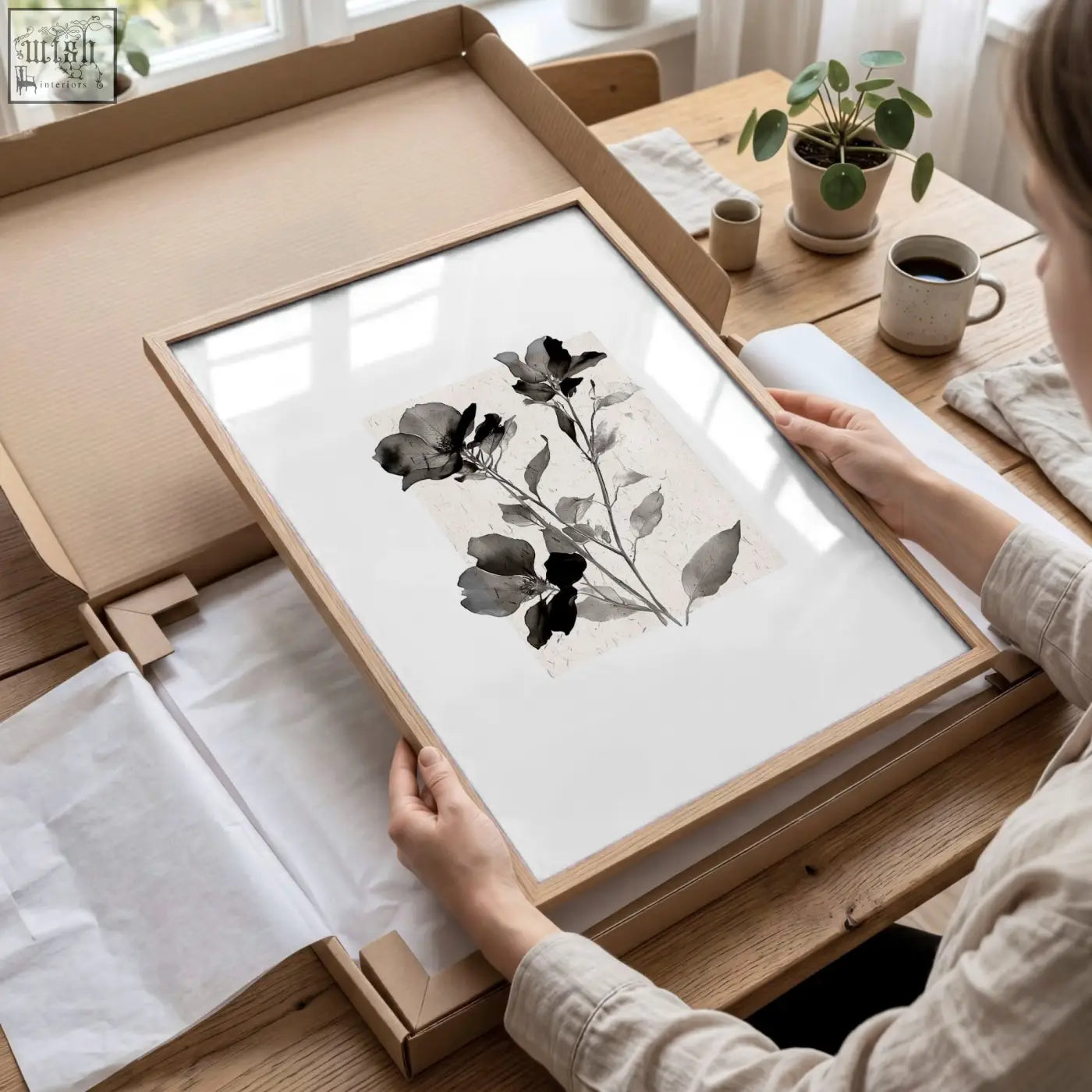 Minimalist wooden framed wall picture with delicate black and gray floral art print in french country style