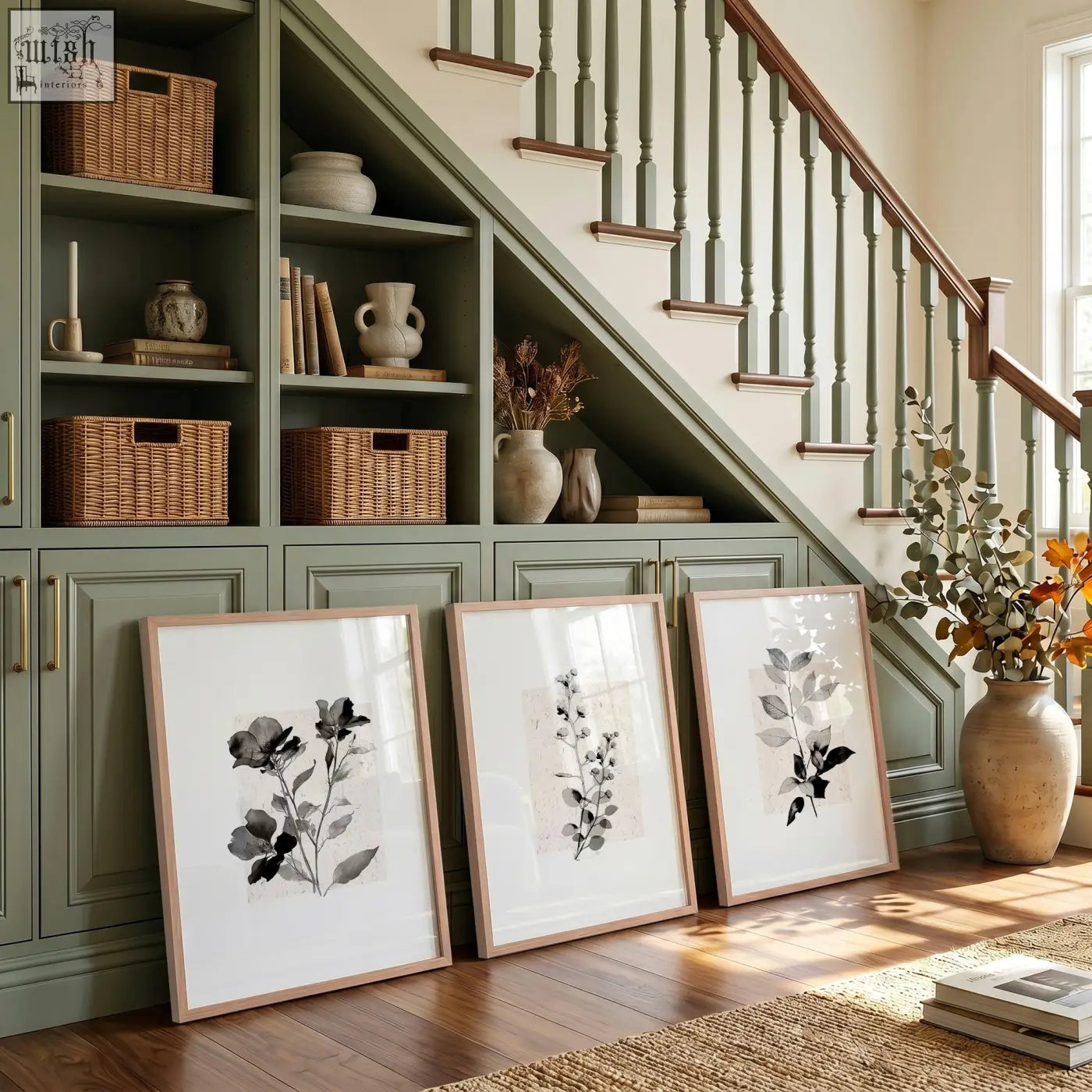 Three wall pictures with minimalist french country botanical art prints in light wood frames for hallway decor