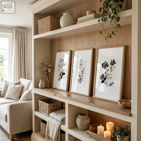 Three framed french country wall pictures featuring black and grey botanical art prints in light wood frames