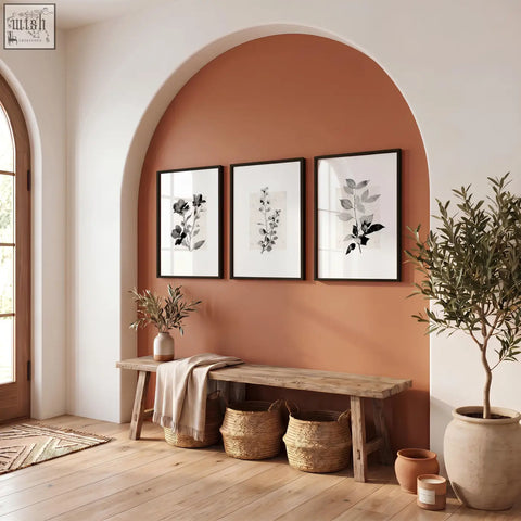 Three framed black-and-white floral art prints in sleek black frames perfect as french country wall pictures for hallway decor