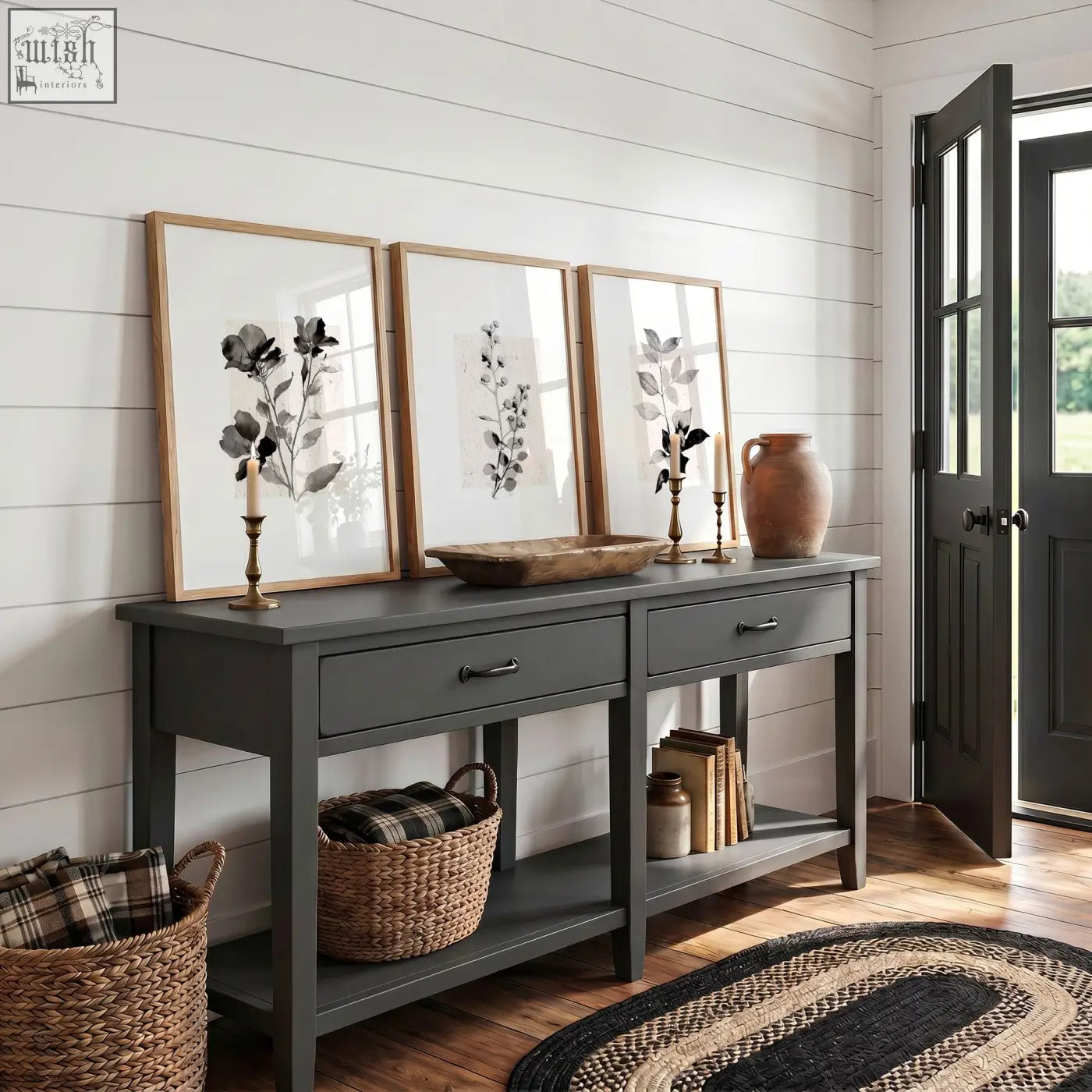 Dark gray console table with two drawers and rustic wooden top complements french country wall pictures and art prints