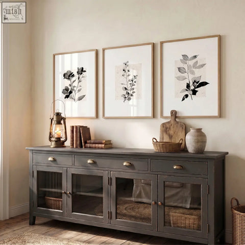 Dark gray wooden sideboard with glass-paneled doors and brass handles perfect for french country wall pictures art prints display