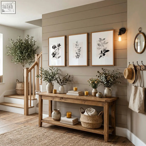Rustic wooden console table with natural finish and shelves styled with ceramic vases and baskets under french country wall pictures art prints