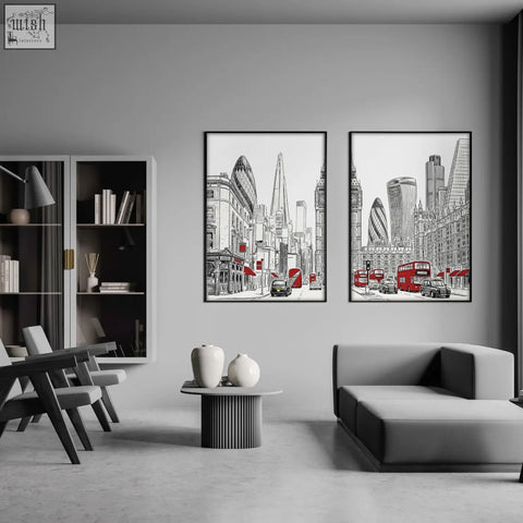 Two framed black and white living room wall pictures with bold red accents showing london skyline and double decker buses