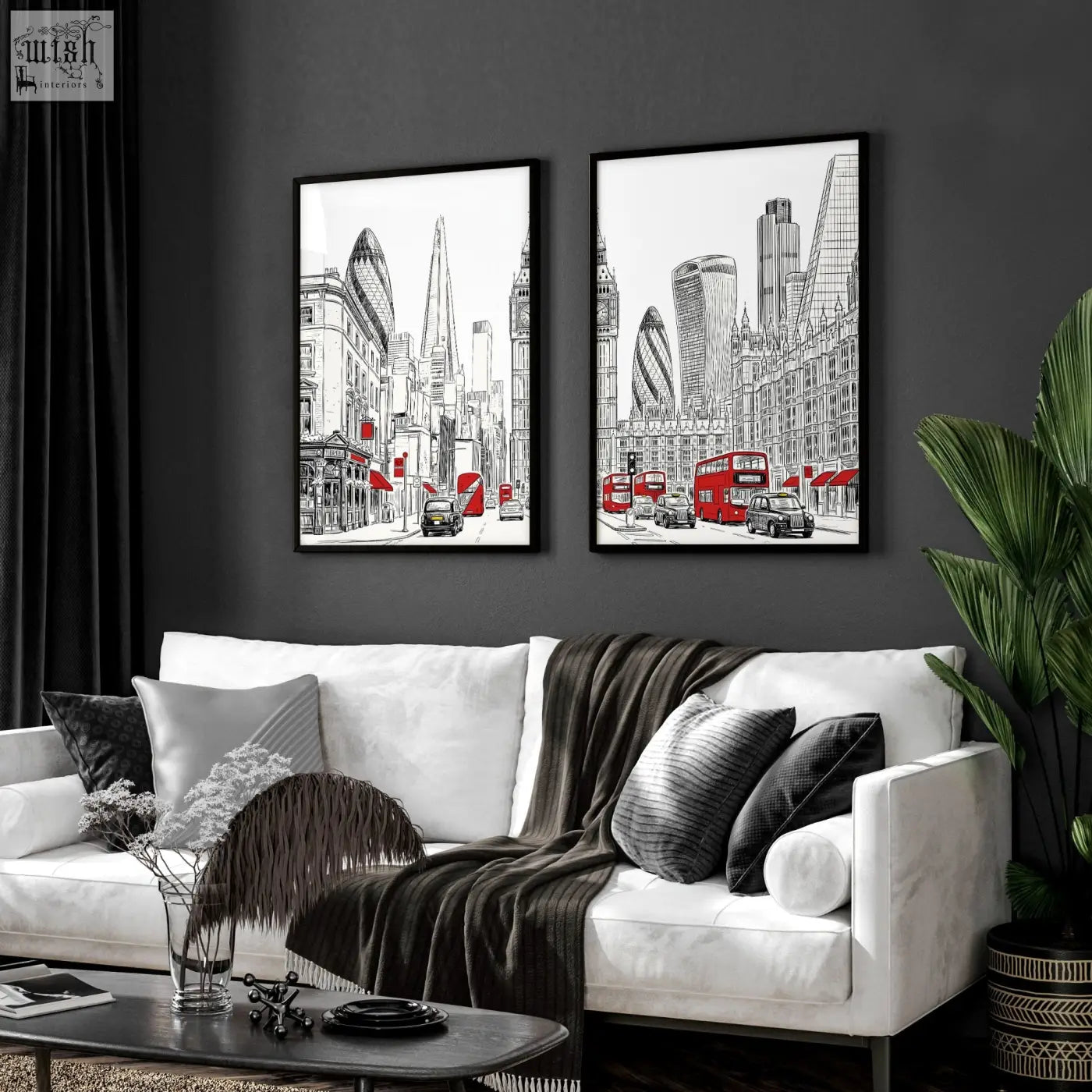 Two framed black and white london skyline wall pictures living with red accents perfect for pictures living room decor